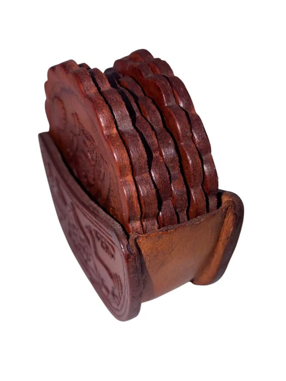 Vintage Peruvian Tooled Leather Coaster Set w/ Holder – Set of 6 Brown Stamped